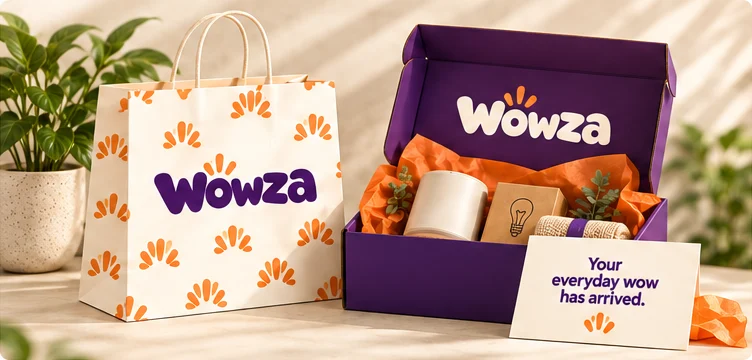 A Wowza gift box and bag with a desk lamp and small gifts inside